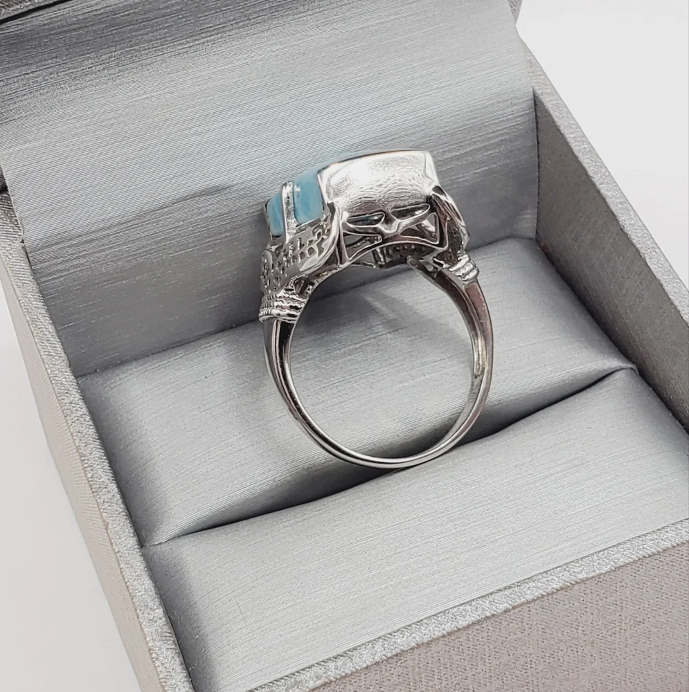 925 Sterling Silver Genuine Rectangle Blue Larimar Statement Ring